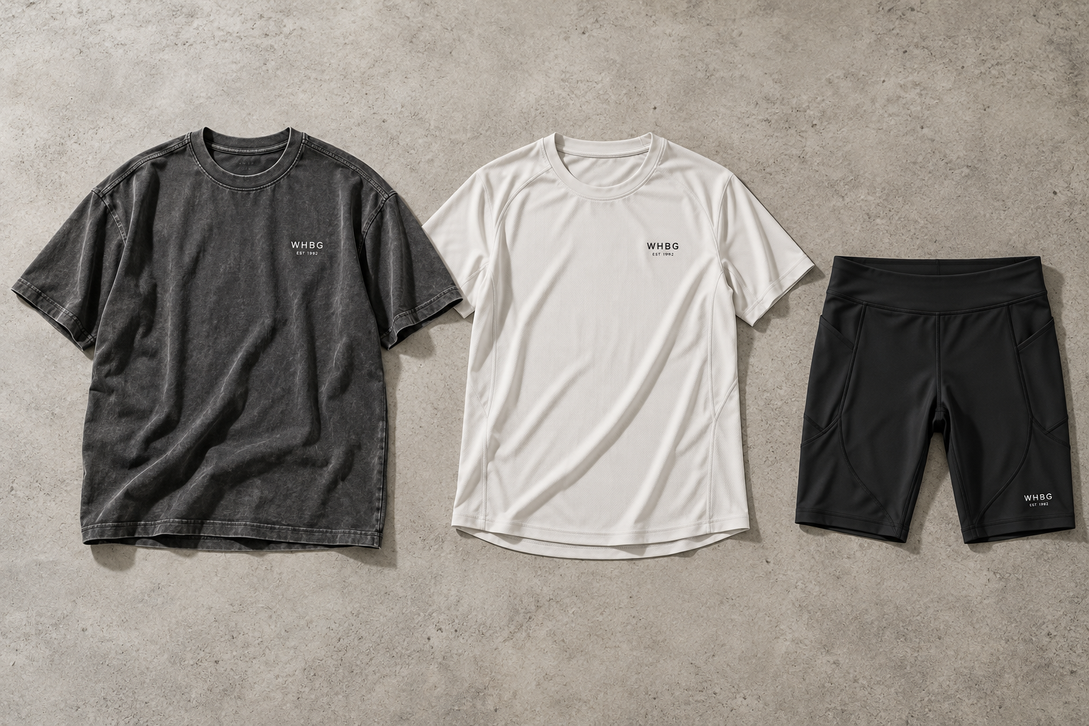 WHBG apparel concepts: charcoal oversized running shirt, bone training tee and black half tights